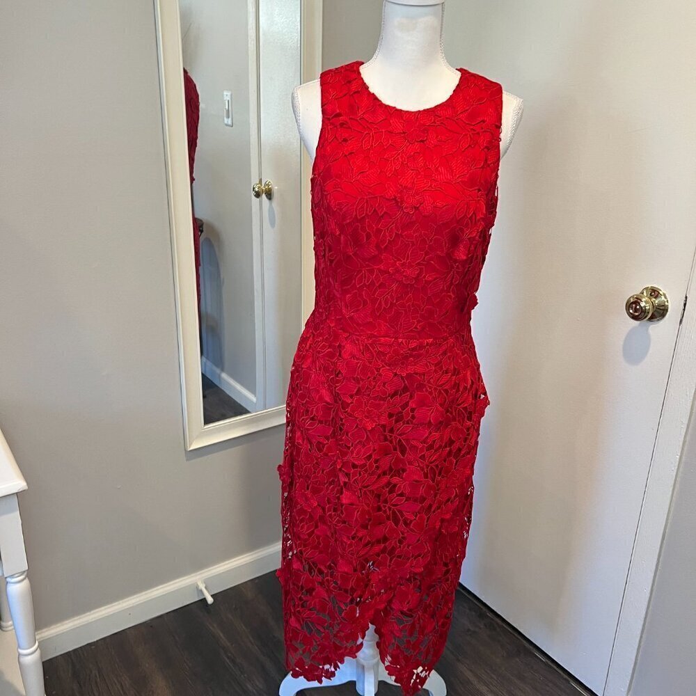 Betsy & Adam Red Crochet Lace Tulip Illusion Hem Cocktail Dress, Size 12 - Picture 2 of 16